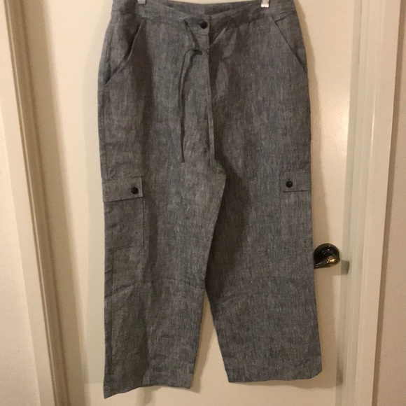 Finity Naturals Gray & White Tweed 100% Linen Cropped Cargo Pant Size 10 - Picture 1 of 4